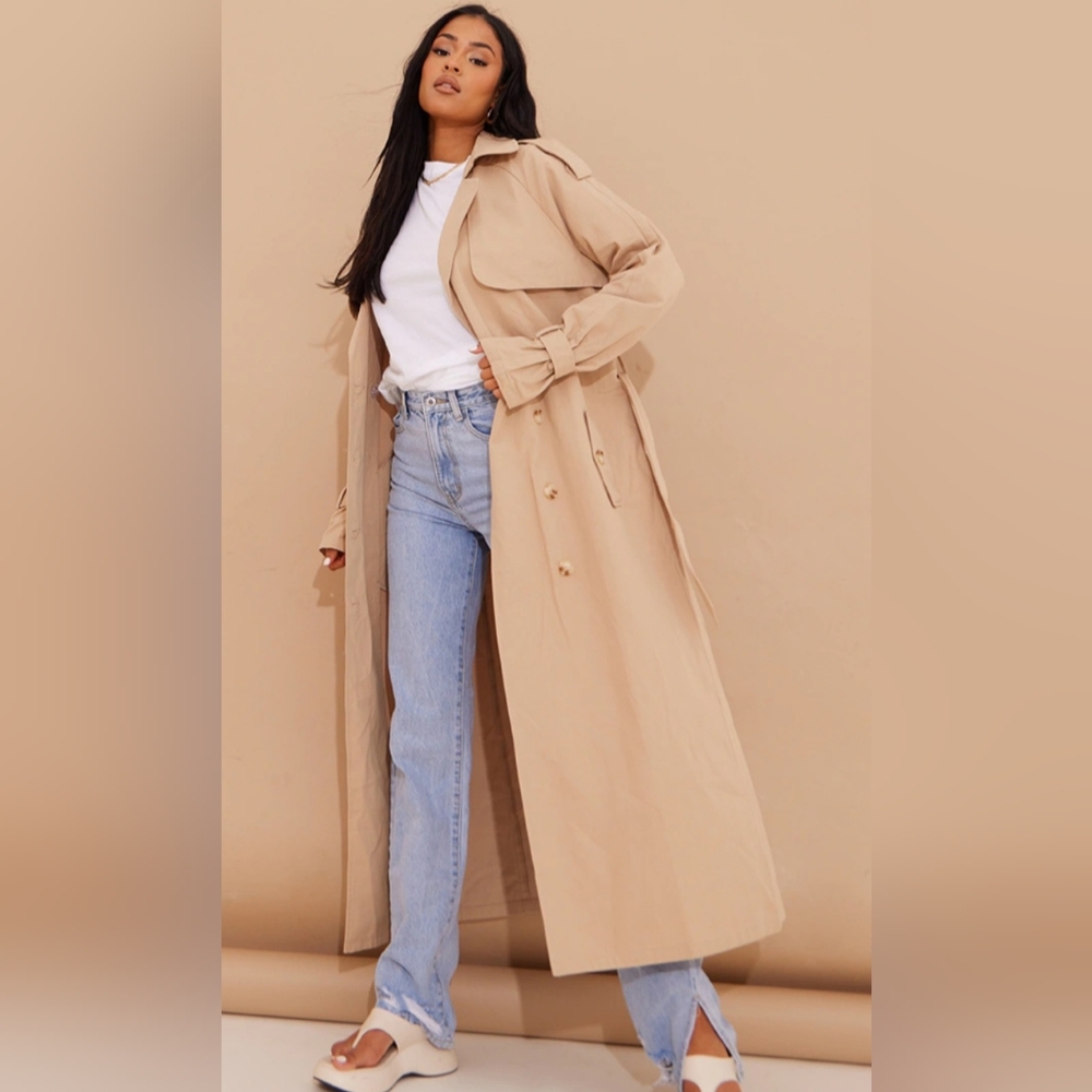 NWT Pretty Little Thing Belted Double Breasted Lightweight Trench Coat Cream 6